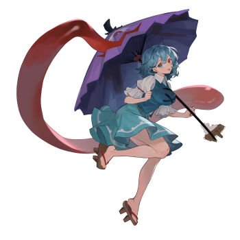1girl absurdres blue_eyes blue_hair blue_skirt breasts full_body geta heterochromia highres holding holding_umbrella joker_(stjoker) red_eyes short_hair simple_background skirt smile solo tatara_kogasa tongue tongue_out touhou umbrella white_background