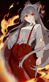 1girl absurdres bow burnt_clothes closed_mouth collared_shirt commentary fire fujiwara_no_mokou grey_hair hair_bow hand_in_pocket highres long_hair long_sleeves looking_at_viewer pants pyrokinesis red_eyes red_pants shaded_face shirt solo suspenders touhou umbrella3650 very_long_hair white_shirt