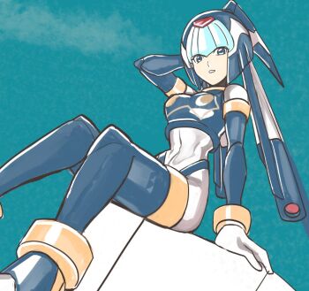 1girl android armor blue_armor blue_background blue_eyes blue_helmet breasts fairy_leviathan_(mega_man) fins forehead_jewel head_fins helmet mega_man_(series) mega_man_zero_(series) raica_(khongbautroi) simple_background sitting solo