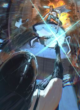 1girl 2boys absurdres alternate_form battle beam_(chainsaw_man) black_gloves black_pants bomb_devil_(chainsaw_man) chainsaw chainsaw_man denji_(chainsaw_man) elbow_gloves explosion gloves highres kouchanthree multiple_boys object_head open_clothes open_shirt pants pointing pointing_at_another shark sharp_teeth shirt teeth white_shirt