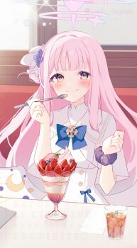 Rule 34 | 1girl, blue archive, blush, closed mouth, commentary request, cup, dress, food, hair bun, halo, hands up, highres, holding, holding spoon, long hair, looking at viewer, low wings, mika (blue archive), parfait, pink hair, pink halo, purple scrunchie, scrunchie, segawa luna, single side bun, sitting, smile, solo, spoon, very long hair, white dress, wings, wrist scrunchie, yellow eyes