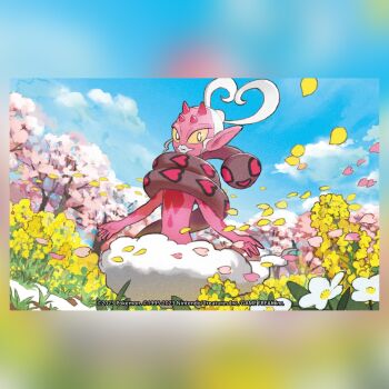 1girl blue_sky blurry blurry_background cherry_blossoms closed_mouth cloud colored_sclera commentary company_name copyright_name copyright_notice day enamorus enamorus_(incarnate) english_commentary flower grass horns nintendo official_art outdoors petals pink_petals pointy_ears pokemon pokemon_(creature) pokemon_focus pokemon_tcg sasumata_jirou sky solo third-party_source tree white_eyes white_flower white_lips yellow_flower yellow_petals yellow_sclera
