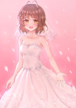 Rule 34 | 1girl, :d, absurdres, alternate costume, antenna hair, bare arms, bare shoulders, blush, breasts, bridal veil, bride, brown eyes, brown hair, choker, clannad, clanney, cleavage, collarbone, commentary, dress, eyelashes, falling petals, feet out of frame, furukawa nagisa, hair between eyes, happy, highres, long dress, looking at viewer, medium breasts, medium hair, open mouth, outstretched hand, petals, pink background, simple background, smile, solo, standing, strapless, strapless dress, teeth, upper teeth only, veil, wedding dress, white choker, white dress, white veil