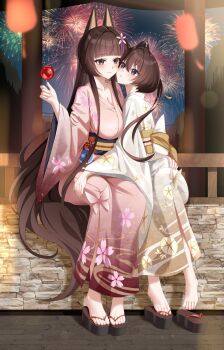2girls aerial_fireworks akagi_(warship_girls_r) alternate_costume animal_ear_fluff animal_ears barefoot breasts brown_hair candy_apple chichengde_haotidu_afusang commentary_request feet fireworks floral_print flower food fox_ears full_body geta hair_ornament highres holding holding_food japanese_clothes kimono large_breasts long_hair multiple_girls obi outdoors pink_kimono print_kimono purple_eyes sandals sash sitting smile toes very_long_hair warship_girls_r wide_sleeves yukata yuri