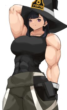 1girl absurdres arm_up breasts en&#039;en_no_shouboutai female_focus hat highres large_breasts looking_at_viewer maki_oze medium_hair musctonk muscular muscular_female purple_eyes solo witch_hat