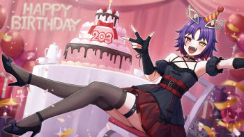 1girl absurdres arrow_(symbol) balloon bare_shoulders belt birthday_cake black_belt black_choker black_dress black_gloves black_shoes blush bow box bright_pupils cake candle chair choker commentary_request confetti corset cup dress elbow_gloves eyelashes facial_mark fangs fingerless_gloves fire food footwear_bow fruit gift gift_box gloves happy_birthday hat heart heart_choker heterochromia high_heels highres indie_virtual_youtuber multicolored_hair open_mouth party_hat purple_hair red_bow red_corset red_eyes red_hair sahara1127 shoes short_hair sitting smile solo sparkle strawberry table teacup teapot teeth thigh_strap thighhighs tokuichi_sakai two-tone_hair virtual_youtuber w white_pupils yellow_eyes zettai_ryouiki