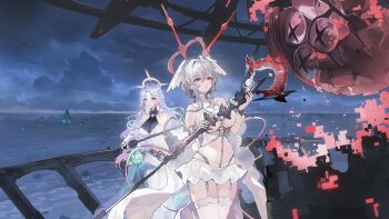2girls azur_lane bikini blush breasts brushing game_cg ganj-i-sawai_(azur_lane) garter_straps halo head_wings highleg highleg_panties highres holding holding_staff jewelry large_breasts lens_flare leotard long_hair machine machinery medium_hair midriff multicolored_hair multiple_girls necklace non-web_source open_mouth panties parted_lips pearl_(azur_lane) pearl_necklace pink_hair purple_eyes purple_hair revealing_clothes ribbon ribs sitting skirt staff swimsuit thighhighs thinking underwear very_long_hair wariza weapon white_bikini white_garter_straps white_hair white_panties white_skirt white_thighhighs wings