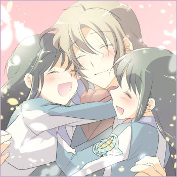 Rule 34 | 1boy, 2girls, :d, ^ ^, black hair, blush, brother and sister, brown hair, closed eyes, cropped jacket, group hug, hug, jacket, long hair, long sleeves, minashiro orihime, minashiro soushi, minashiro tsubaki, mother and child, mother and daughter, multiple girls, open mouth, parent and child, pink background, rinoritama, scar, scar across eye, scar on face, siblings, sidelocks, smile, soukyuu no fafner, time paradox, uncle and niece, uniform