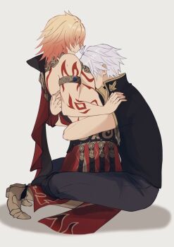 2boys armlet black_pants black_shirt blonde_hair collared_shirt commentary_request covered_eyes gold_trim gradient_hair hand_on_another's_shoulder honkai:_star_rail honkai_(series) jewelry kneeling male_focus multicolored_hair multiple_boys mydei_(honkai:_star_rail) pants pectorals phainon_(honkai:_star_rail) shirt sn_grr_0z topless_male white_hair yaoi