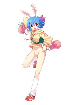 10s 1girl animal_ears backpack bag blue_hair bottomless boxing_gloves breasts bunny_(trickster) female_focus full_body gloves headband hood hoodie naked_hoodie nude_filter pussy rabbit_ears randoseru red_eyes simple_background socks solo third-party_edit trickster_(ntreev_soft) uncensored