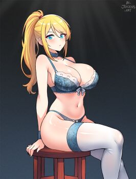 1girl artist_name blonde_hair blue_bra blue_choker blue_eyes blue_panties bra breasts choker gradient_background highres jarckius large_breasts long_hair metroid mixed-language_commentary mole mole_under_mouth navel nintendo panties ponytail samus_aran sitting solo stomach stool thighhighs underwear white_thighhighs