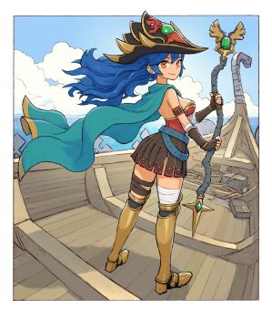 1girl absurdres armor armored_boots bandaged_arm bandaged_leg bandages belt blue_hair boots breasts cape cloud cloudy_sky commentary commission crate dang_(runescape) dattosan duellist's_cap_(tier_6) english_commentary fingerless_gloves full_body gladiator gloves gold_trim greaves green_belt green_cape hat highres holding holding_staff leotard long_hair mage_staff medium_breasts ocean old_school_runescape original poleyn red_leotard rope runescape sailing_ship second-party_source sky smile solo spiked_ear_piercing staff staff_of_armadyl_(runescape) standing tools weapon wind yellow_eyes