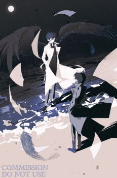 2boys black_coat black_hair black_shirt black_wings closed_eyes coat collared_shirt commentary demon_horns dutch_angle english_commentary falling_feathers falling_paper feathered_wings feathers from_above full_moon hand_in_pocket highres horns kim_dokja male_focus moon multiple_boys ocean omniscient_reader&#039;s_viewpoint open_clothes open_coat popped_collar puddle rain shirt shore short_hair smile standing twle white_coat wings yoo_joonghyuk