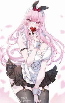 Rule 34 | 1girl, absurdres, alternate costume, apron, arm strap, bilingual commentary, black collar, black skirt, black thighhighs, blunt bangs, blush, breasts, cleavage, collar, commentary, english commentary, frilled apron, frilled shirt collar, frilled skirt, frills, garter straps, hand up, highres, holding, hololive, hololive english, kamiya maneki, large breasts, long hair, looking at viewer, maid headdress, miniskirt, mixed-language commentary, mori calliope, pink eyes, pink hair, shirt, sidelocks, skirt, solo, spiked collar, spikes, thighhighs, valentine, virtual youtuber, white apron, white background, white shirt, wrist cuffs