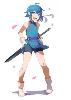 1girl absurdres ahoge bare_legs belt bike_shorts blue_hair blush boots brooch cherry_blossoms child commission commissioner_upload earrings fire_emblem fire_emblem:_genealogy_of_the_holy_war gloves hands_on_own_hips headband highres if_they_mated jewelry larcei_(fire_emblem) looking_at_viewer nintendo open_mouth original pelvic_curtain purple_eyes seliph_(fire_emblem) sheath sheathed short_hair sidelocks simple_background sleeveless smile solo standing sword tomboy tunic weapon white_background white_headband yusi_vishnu