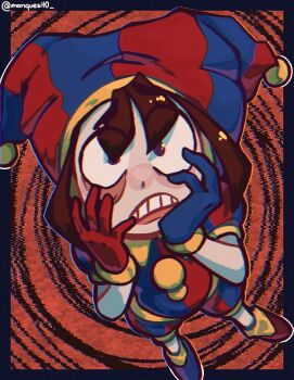 1girl asymmetrical_gloves bags_under_eyes blue_eyes blue_gloves blunt_bangs blunt_ends brown_hair constricted_pupils crazy despair desperation eyelid_pull foreshortening gloves hands_on_own_face hat hat_bell highres jester jester_cap jester_costume manque mismatched_gloves multicolored_eyes multicolored_hat panicking pomni_(the_amazing_digital_circus) puffy_short_sleeves puffy_sleeves red_background red_eyes red_gloves short_sleeves solo spiral_background striped_clothes striped_headwear the_amazing_digital_circus twitter_username two-tone_eyes vertical-striped_bodysuit vertical-striped_clothes vertical-striped_headwear wide-eyed