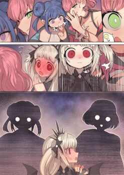 a_bao_a_qu_the_lightless_shadow absurdres bat_wings black_dress blonde_hair blue_hair blunt_bangs blush bracelet candy choker demon_wings double_bun dress duel_monster evil_twin_ki-sikil evil_twin_lil-la eyed_silhouette flying_sweatdrops food food_in_mouth full-face_blush green_eyes hair_bun hairband hand_on_another&#039;s_shoulder highres jewelry ki-sikil_(yu-gi-oh!) light_bulb lil-la_(yu-gi-oh!) lollipop looking_at_another looking_back purple_eyes red_eyes ro_g_(oowack) sidelocks silhouette spiked_bracelet spiked_hairband spiked_wristband spikes spoken_light_bulb twintails whispering_in_ear wide-eyed wings yu-gi-oh!