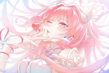 Rule 34 | 1girl, ;), bare shoulders, blowing kiss, breasts, commentary request, cyrene (demiurge) (honkai: star rail), cyrene (honkai: star rail), diamond-shaped pupils, diamond (shape), dress, earrings, hair intakes, halo, heart, highres, honkai: star rail, honkai (series), jewelry, large breasts, long hair, motituki, one eye closed, pink hair, pointy ears, purple eyes, smile, solo, symbol-shaped pupils, upper body, very long hair, white dress