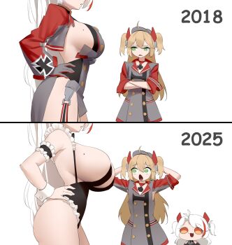 2018 2025 3girls admiral_hipper_(azur_lane) ahoge armband armpit_cutout arms_on_head azur_lane before_and_after black_leotard blonde_hair breast_envy breast_expansion breasts chibi clothing_cutout commentary english_commentary flat_chest frills green_eyes hand_on_own_hip highres large_breasts leotard little_prinz_eugen_(azur_lane) long_hair military_uniform mole mole_on_breast multicolored_hair multiple_girls official_alternate_costume playboy_bunny prinz_eugen_(azur_lane) prinz_eugen_(between_tipsiness_and_a_wager)_(azur_lane) short_twintails sideboob simple_background sleeves_rolled_up streaked_hair surprised twintails white_background white_hair whitter wide-eyed wrist_cuffs