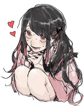 Rule 34 | 1girl, @ @, black hair, black nails, bow, braid, coat, commentary request, ear piercing, earrings, eyelashes, fingernails, hair bow, heart, jewelry, jirai kei, looking to the side, mole, multicolored hair, open mouth, original, own hands together, piercing, pink coat, pink eyes, pink hair, pink shirt, praying, shirt, simple background, solo, squatting, streaked hair, stud earrings, sweat, twintails, u0oouo, white background