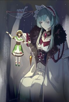 1girl arm_up bad_id bad_twitter_id baiyinan brown_hair closed_mouth commentary control_bar dress english_commentary fatui_coat fur_trim genshin_impact gloves green_dress grey_hair headdress katheryne_(genshin_impact) long_hair maid_headdress marionette puppet puppet_strings sandrone_(genshin_impact) short_hair sitting solo white_gloves