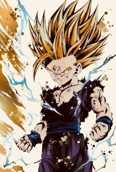 1boy angry aqua_eyes aura biceps blonde_hair blood blood_from_mouth blood_on_face bruise bruise_on_face child clenched_hands commentary_request cowboy_shot cuts dougi dragon_ball dragonball_z electricity fingernails floating_hair frown furrowed_brow hair_floating_upwards highres injury looking_ahead male_focus muscular muscular_male paint_splatter pants pectorals purple_pants purple_shirt shirt sleeveless sleeveless_shirt solo son_gohan spiked_hair spmjg7 super_saiyan super_saiyan_2 tearing_up torn_clothes torn_shirt wristband