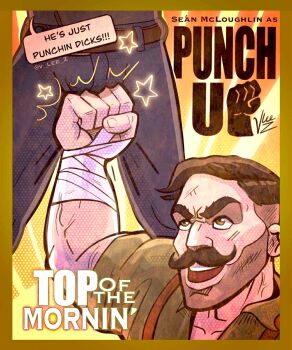 1boy artist_name character_name commentary dispatch english_commentary english_text facial_hair green_shirt highres male_focus muscular muscular_male mustache punch_up_(dispatch) punching_crotch shirt signature speech_bubble suspenders twitter_username uppercut v_lee_z veins veiny_arms voice_actor_connection voice_actor_name