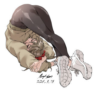 Rule 34 | 1girl, ass, black unitard, brown hair, closed eyes, crossed legs, flexible, full body, highres, legs, nabipenciller, original, shoes, sneakers, solo, sweater, top-down bottom-up