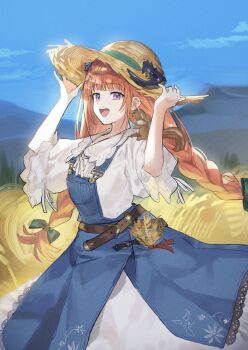 1girl adjusting_clothes adjusting_headwear animal animal_on_shoulder apron arknights bagpipe_(arknights) bagpipe_(echo_of_bagpipes)_(arknights) belt blue_apron blue_sky bow braid braided_twintails commentary curled_horns day denim_apron dress green_bow hair_bow hat horns horns_through_headwear light_blush long_hair official_alternate_costume official_alternate_hairstyle open_mouth orange_hair outdoors pimi purple_eyes short_sleeves sky solo squirrel straw_hat teeth upper_teeth_only very_long_hair wheat wheat_field white_dress wide_sleeves