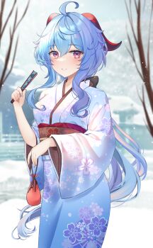 1girl absurdres ahoge bare_tree black_bow blue_hair blue_kimono blue_nails blush bow brown_sash commentary cowboy_shot english_commentary eyelashes fence fingernails floral_print folded_fan folding_fan ganyu_(genshin_impact) genshin_impact goat_horns hair_between_eyes hand_fan hand_up highres horns japanese_clothes kimono kinchaku lantern long_hair long_sleeves looking_at_viewer nail_polish obi obiage outdoors parted_lips pouch print_kimono print_sash purple_eyes red_horns sakuramon sash sidelocks smile snow snowing solo standing stone_lantern tree very_long_hair wide_sleeves winter yshnc22