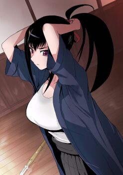 Rule 34 | 09012732821, 1girl, black hair, black skirt, blue hakama, breasts, closed mouth, from above, hair ribbon, hakama, hakama skirt, high ponytail, highres, japanese clothes, jikkyou powerful pro yakyuu, large breasts, long hair, open clothes, ponytail, power pro appli, red eyes, red ribbon, ribbon, shinai, shirt, skirt, solo, sword, tying hair, uwagi, weapon, white shirt, yagyuu sayaka