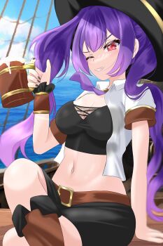 1girl absurdres alternate_costume belt boots breasts cleavage cloud commission commissioner_upload crop_top drink gradient_hair hat highres holding holding_drink long_hair mercy_modiste multicolored_hair nail_polish navel ocean one_eye_closed pirate_costume pirate_hat pirate_ship purple_hair rain_lambda red_eyes rigging shorts sitting solo sunlight tankard twintails vallure virtual_youtuber water wink