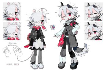 Rule 34 | 1boy, 1girl, androgynous, animal ears, bandaid, black pants, blood, blood bag, bow, chibi, closed eyes, closed mouth, coat, dog ears, full body, grey coat, grey hair, grey pants, hair between eyes, hair ornament, hair over one eye, hairclip, highres, id card, jacket, jitome, lanyard, layered sleeves, long sleeves, looking at viewer, low ponytail, mechanical ears, mk1liaoqian, mouse ears, mouse girl, mouse tail, multiple expressions, multiple views, name tag, one eye closed, open clothes, open mouth, original, pants, pink blood, ponytail, red eyes, reference sheet, ribbon, safety pin, shirt, shoes, short hair, short over long sleeves, short ponytail, short sleeves, simple background, sleeves past wrists, smile, standing, tail, variations, vest, white background, white hair, white ribbon, white shirt