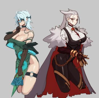 2girls alpharius alpharius_omegon antenna_hair bag black_sclera black_sleeves blue_hair breasts cape choker cleavage collared_shirt colored_sclera cropped_legs detached_sleeves dress evening_gown finger_to_mouth fur-trimmed_cape fur_trim gauntlets genderswap genderswap_(mtf) green_dress grey_background handbag highres holding holding_bag horus_lupercal jewelry large_breasts long_hair looking_at_viewer mask multiple_girls necklace necktie podobrick primarch red_eyes red_necktie shirt shoulder_tattoo shushing tattoo very_long_hair warhammer_40k white_hair white_shirt