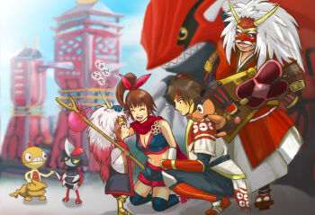 Rule 34 | armor, armored boots, bindle, black thighhighs, blush, boots, brown hair, crop top, fan, gen 3 pokemon, gen 5 pokemon, groudon, hair ribbon, head pat, headband, headdress, ishida mitsunari (sengoku musou), japanese clothes, japanese text, kunoichi (sengoku musou), legendary pokemon, ninja, nintendo, pawniard, platform clogs, pokemon, pokemon conquest, ponytail, ribbon, sanada yukimura (sengoku musou), scarf, scraggy, sengoku musou, short shorts, shorts, side ponytail, smile, takeda shingen (sengoku musou), tepig, thighhighs, tower, yukimura sanada