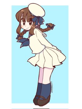 Rule 34 | 1girl, black eyes, black shoes, blue bow, blue neckerchief, blue socks, bow, braid, bright pupils, brown hair, character request, copyright request, corrupted twitter file, full body, hair bow, hat, highres, long hair, long sleeves, looking at viewer, neckerchief, pleated skirt, pointy ears, shoes, skirt, socks, sofo soup, solo, twin braids, white hat, white pupils, white skirt