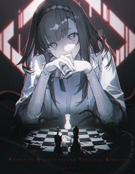 1girl arknights black_hair black_hairband blunt_bangs chess_piece chessboard closed_mouth coat diamond-shaped_pupils diamond_(shape) distortion hairband highres lab_coat long_hair long_sleeves looking_at_viewer migo45 own_hands_together priestess_(arknights) prts_logo_(arknights) smile solo static sweater symbol-shaped_pupils upper_body white_coat white_sweater