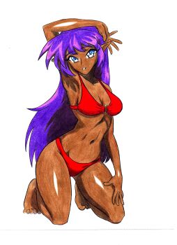 absurdres bikini blue_eyes blues_jagat dark-skinned_female dark_skin highres looking_at_viewer non-web_source purple_hair red_bikini shantae shantae_(series) solo swimsuit traditional_media white_background
