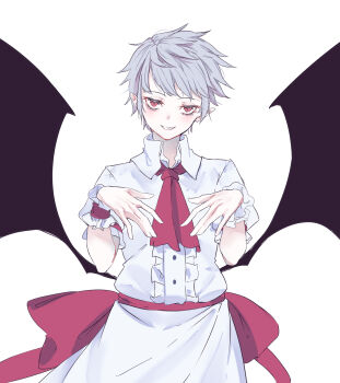 Rule 34 | 1girl, alternate hair length, alternate hairstyle, ascot, back bow, bat wings, black wings, bow, center frills, collared dress, commentary request, dress, frills, grey hair, grin, half-closed eyes, hands up, highres, jitome, kanaria (bcomn), light blush, looking at viewer, low wings, partial commentary, pixie cut, pointy ears, red ascot, red bow, red eyes, remilia scarlet, short hair, short sleeves, simple background, smile, solo, straight-on, touhou, upper body, upturned eyes, very short hair, white background, white dress, wing collar, wings, wrist cuffs