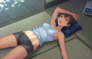 1girl abs arm_on_own_head bare_shoulders black_hair black_panties black_shorts boyshort_panties breasts brown_eyes collarbone commentary electric_fan feet_out_of_frame groin half-closed_eyes hashi hot lying medium_breasts midriff navel on_back on_ground one-piece_tan original outstretched_arm paid_reward_available panties parted_lips pillow shadow short_hair short_shorts shorts solo sweat tan tank_top tanline tatami tomboy toned underwear veranda very_short_hair very_sweaty white_tank_top wooden_floor wrinkled_fabric