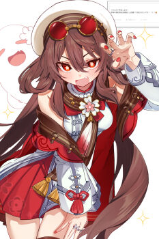 1girl alternate_costume amaton707 blue_eyes boo_tao_(genshin_impact) breasts brown_hair fang genshin_impact highres hu_tao_(cherries_snow-laden)_(genshin_impact) hu_tao_(genshin_impact) medium_breasts nail_polish symbol-shaped_pupils thighhighs twintails