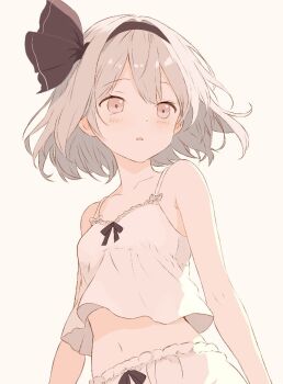 1girl bare_shoulders black_hairband black_ribbon bloomers camisole collarbone commentary_request double-parted_bangs grey_background grey_eyes grey_hair hair_ribbon hairband iris-san konpaku_youmu looking_ahead midriff navel parted_lips ribbon short_hair solo touhou underwear upper_body white_bloomers white_camisole