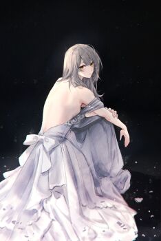 Rule 34 | 1girl, absurdres, alternate costume, back, bare back, bare shoulders, breasts, closed mouth, dark background, dress, feint721, fingernails, from behind, grey dress, grey hair, hand on own arm, highres, honkai: star rail, honkai (series), long dress, long hair, looking at viewer, looking back, medium breasts, sitting, solo, stelle (honkai: star rail), strap slip, trailblazer (honkai: star rail), yellow eyes