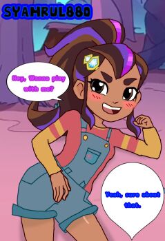 &gt;:) 1girl :d artist_name blue_overalls blush brown_eyes brown_hair character_request check_copyright copyright_request dark-skinned_female dark_skin denim_overalls english_text grass hair_ornament hairclip highres long_sleeves looking_at_viewer low_ponytail lying magic_mixies multicolored_hair on_grass on_ground open_mouth original outdoors overalls ponytail shirt sienna_(magic_mixies) smile smirk smug solo speech_bubble syahrul880_2 tan teeth tree upper_teeth_only v-shaped_eyebrows