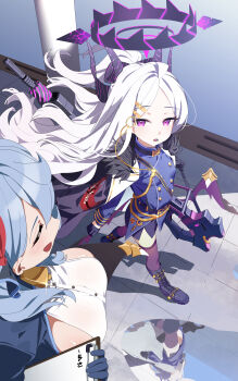 Rule 34 | 2girls, absurdres, ahoge, ako (blue archive), armband, black coat, black halo, black skirt, blue archive, blue eyes, blue hair, breasts, coat, coat on shoulders, cou di di, demon girl, demon horns, demon wings, gun, halo, highres, hina (blue archive), holding, holding gun, holding weapon, horns, large breasts, long hair, looking at viewer, machine gun, medium hair, mg42, multiple girls, prefect team (blue archive), purple eyes, red armband, skirt, small breasts, standing, weapon, white hair, wings