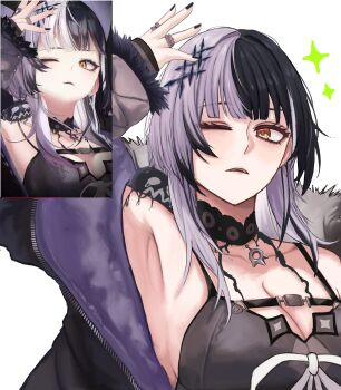 1girl absurdres arm_up armpits black_choker black_dress black_hair black_jacket breast_strap breasts choker commentary dress english_commentary fur-trimmed_jacket fur_trim grey_hair highres hololive hololive_english jacket large_breasts long_hair multicolored_hair niwasa_izuna one_eye_closed open_mouth reference_inset screenshot_inset shiori_novella shiori_novella_(1st_costume) simple_background solo split-color_hair virtual_youtuber white_background yellow_eyes