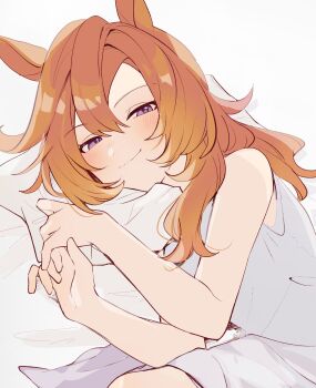 1girl amano_(amano_miko) animal_ears blush closed_mouth commentary_request dress hair_between_eyes highres horse_ears horse_girl long_hair looking_at_viewer lying on_side orange_hair pillow purple_eyes sleeveless sleeveless_dress smile solo t.m._opera_o_(umamusume) umamusume white_dress