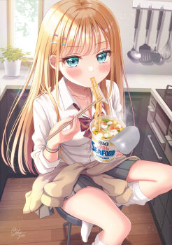 1girl aqua_eyes bare_legs blonde_hair blush bow bowtie bracelet chopsticks clothes_around_waist commentary cup_ramen ear_piercing eating food food_in_mouth gyaru hair_ornament hairclip highres indoors jacket jacket_around_waist jewelry kitchen ladle long_hair looking_at_viewer loose_bowtie loose_socks miniskirt mozukun43 necklace no_shoes original piercing plant potted_plant red_bow red_bowtie shirt signature sitting skirt socks solo sparkling_eyes spatula stove striped_bow striped_bowtie striped_clothes whisk white_shirt white_socks window wing_collar