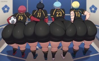 4boys absurdres aqua_hair arm_tattoo ass ball balloon black_hair blue_hair blue_lock gradient_hair highres huge_ass isagi_yoichi kurona_ranze looking_back luckyshazo male_focus multicolored_hair multiple_boys pink_hair short_hair soccer soccer_ball soccer_uniform sportswear tattoo