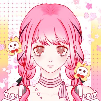 1girl absurdres ahoge animal azi38123 bags_under_eyes bare_shoulders bead_necklace beads bow bow_choker bowtie bra_strap braid brown_eyes cat cherry_blossoms chinese_commentary choker cloak closed_mouth clothed_animal clothing_cutout collarbone commentary_request ear_covers eyelashes flower frilled_shirt frills grid_background happy highres hood hood_up hooded_cloak infinity_nikki jewelry lips long_hair long_sidelocks low_twin_braids low_twintails momo_(nikki) necklace nikki_(nikki) nikki_(series) open_mouth perfect_start_(infinity_nikki) petals pink_bow pink_bowtie pink_choker pink_flower pink_hair red_bow red_bowtie shirt shoulder_cutout sidelocks single_stripe smile solo sparkling_eyes straight-on striped_bow striped_bowtie striped_choker striped_clothes traditional_bowtie twin_braids twintails upper_body very_long_hair white_background white_cat white_shirt yellow_cloak